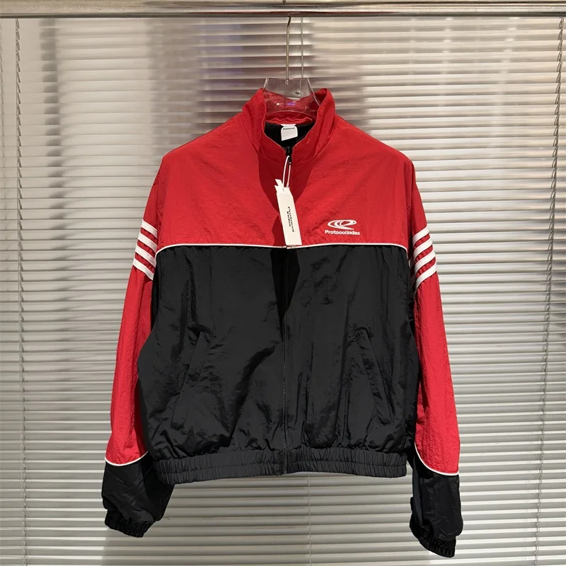 

Retro Striped Patchwork Letter Embroidery Zipper Stand Collar Jacket Protocol Index Men Women Windproof Oversized Sweatshirt