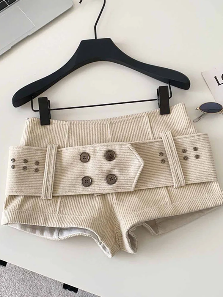 American Retro Corduroy Shorts Women Button Sashes Design Autumn Low Waist Sensual Streetwear Hot Girl Mini Shorts