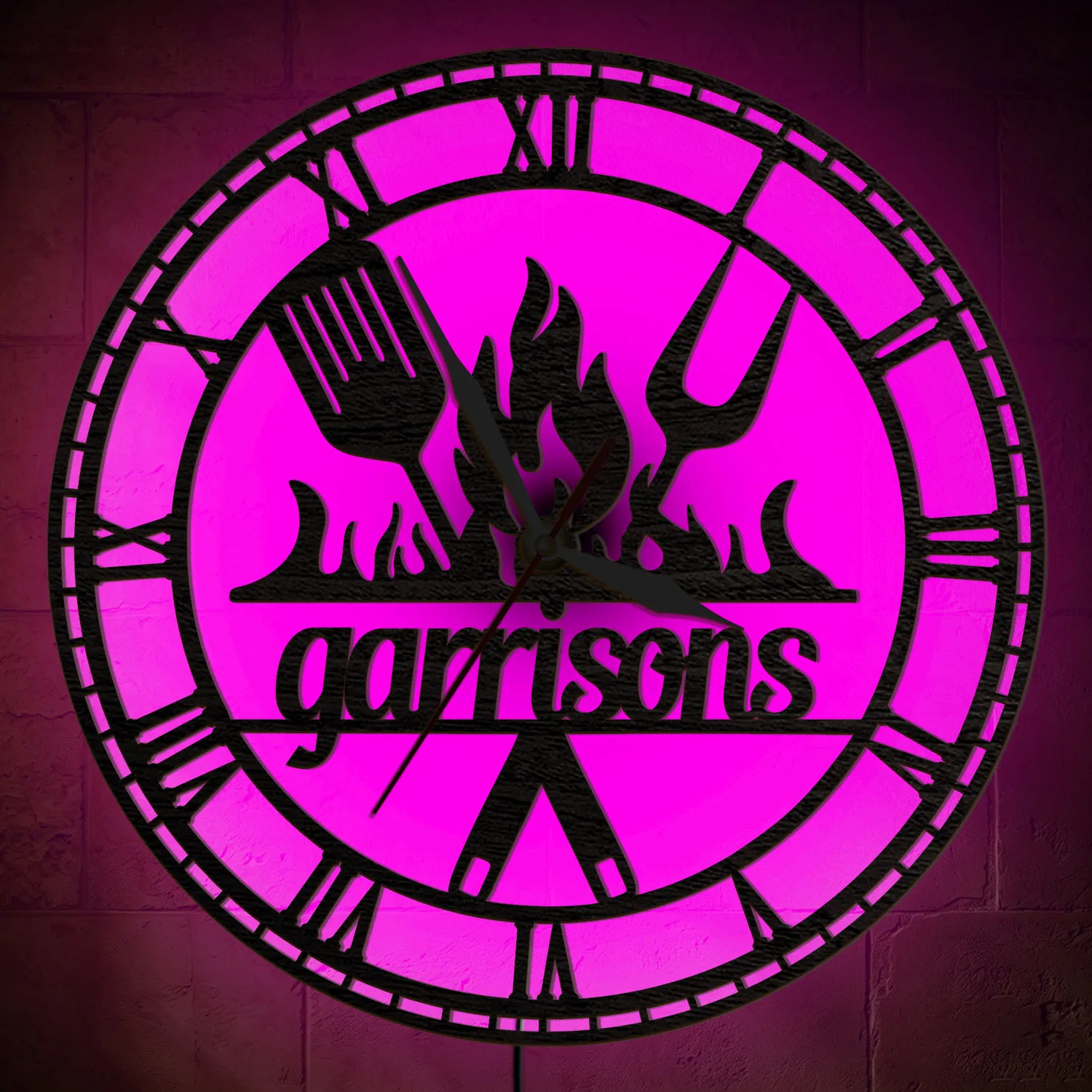 BBQ Grilling Fire Tools LED Night Light Wall Clock For Patio Man Cave Backyard Custom Barbecue Name Wooden Backlit Wall Clock