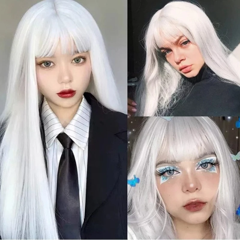 

Белый длинный прямой женский парик для косплея, аниме-персонаж, лиса, химическое волокно, нить, сетка, прямая челка, полный комплект волос