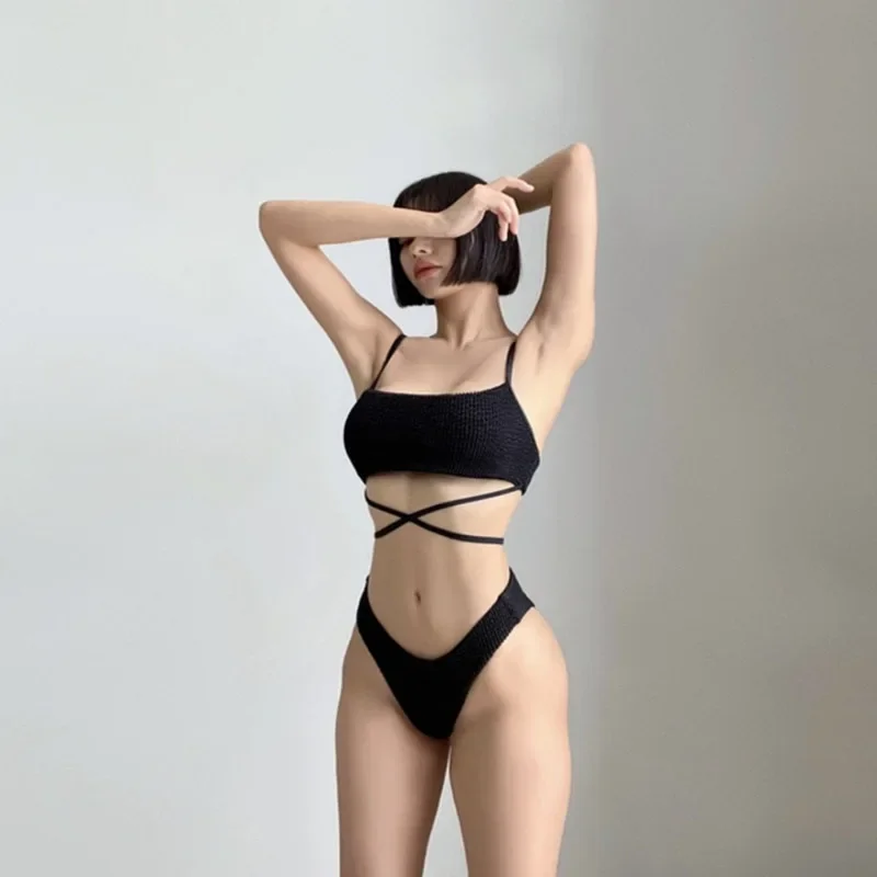 2025 New Bandeau 비키니 여성 수영복 두 조각 수영복 솔리드 컬러 로우 허리 비키니 조절 가능한 스트랩 비치웨어 한국어