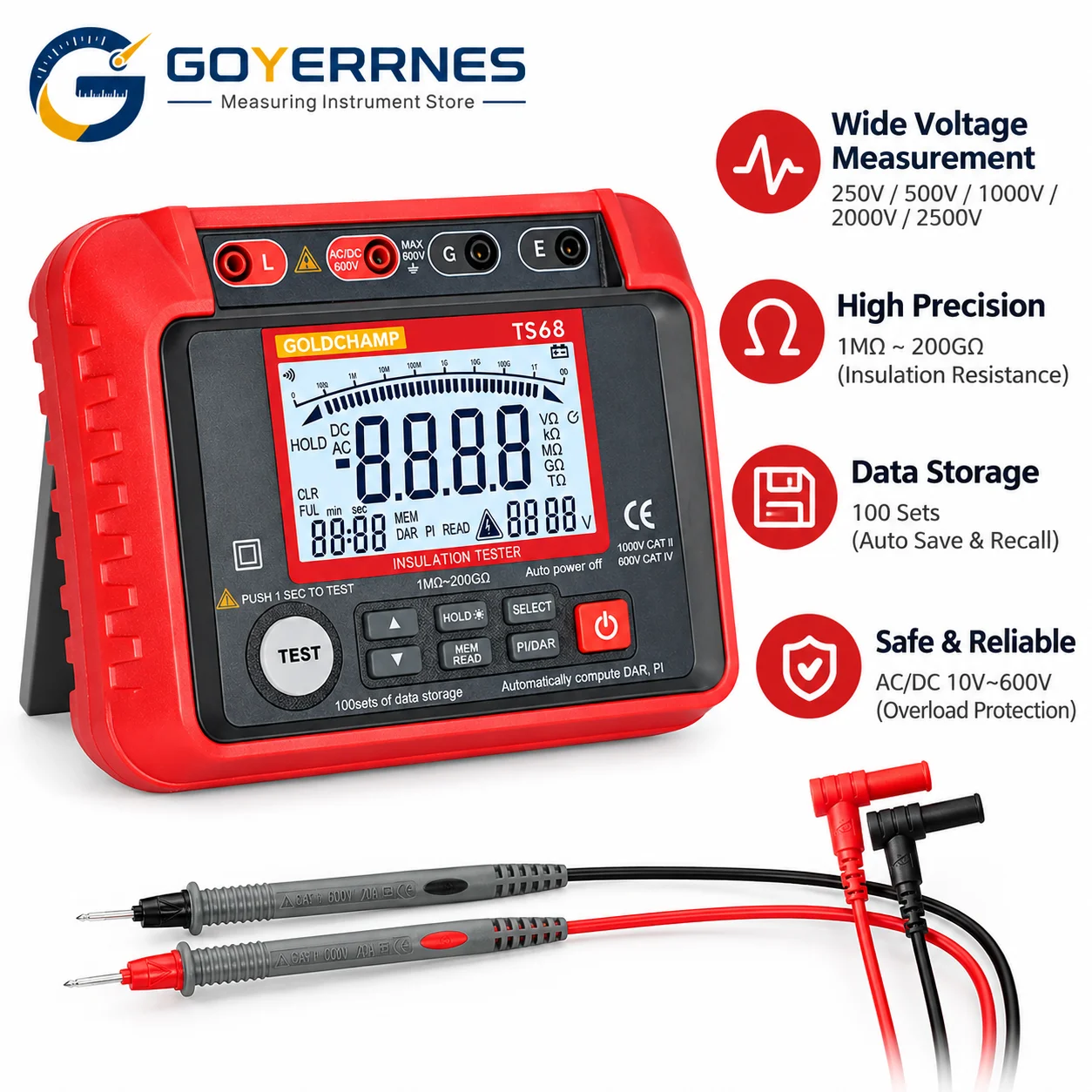 TS68 Insulation Resistance Tester 2500V Megger 1M-200G Ohm AC DC Voltage Tester for Transformer Motor Cable