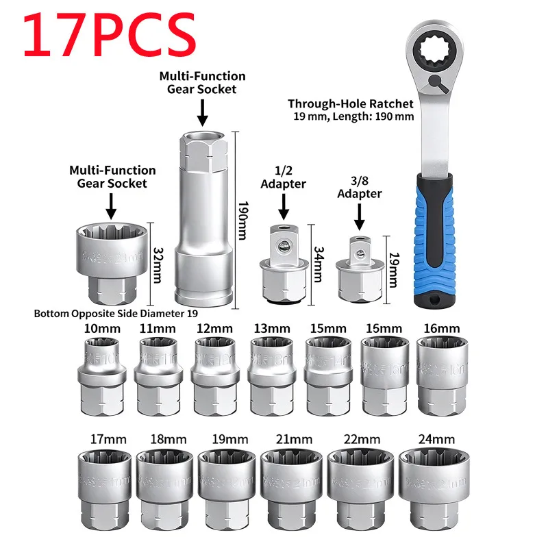 17PCS Pass Through Ratchet Socket Wrench Set 12 Point Metric Hollow Socket Kit CR-V Steel Car Motorbike Maintenance Hand Tools