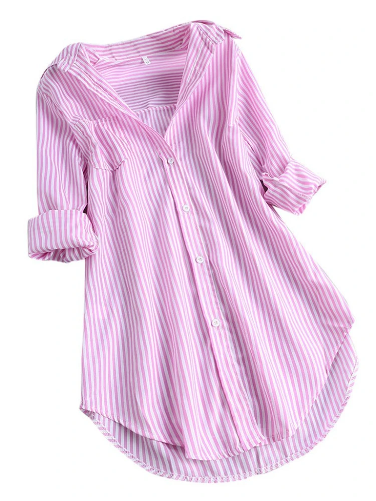 European and American Women\'s Loose Vertical Stripes Medium Length Casual Fashion Women\'s Shirt 2024 New Fashion Female Clothing