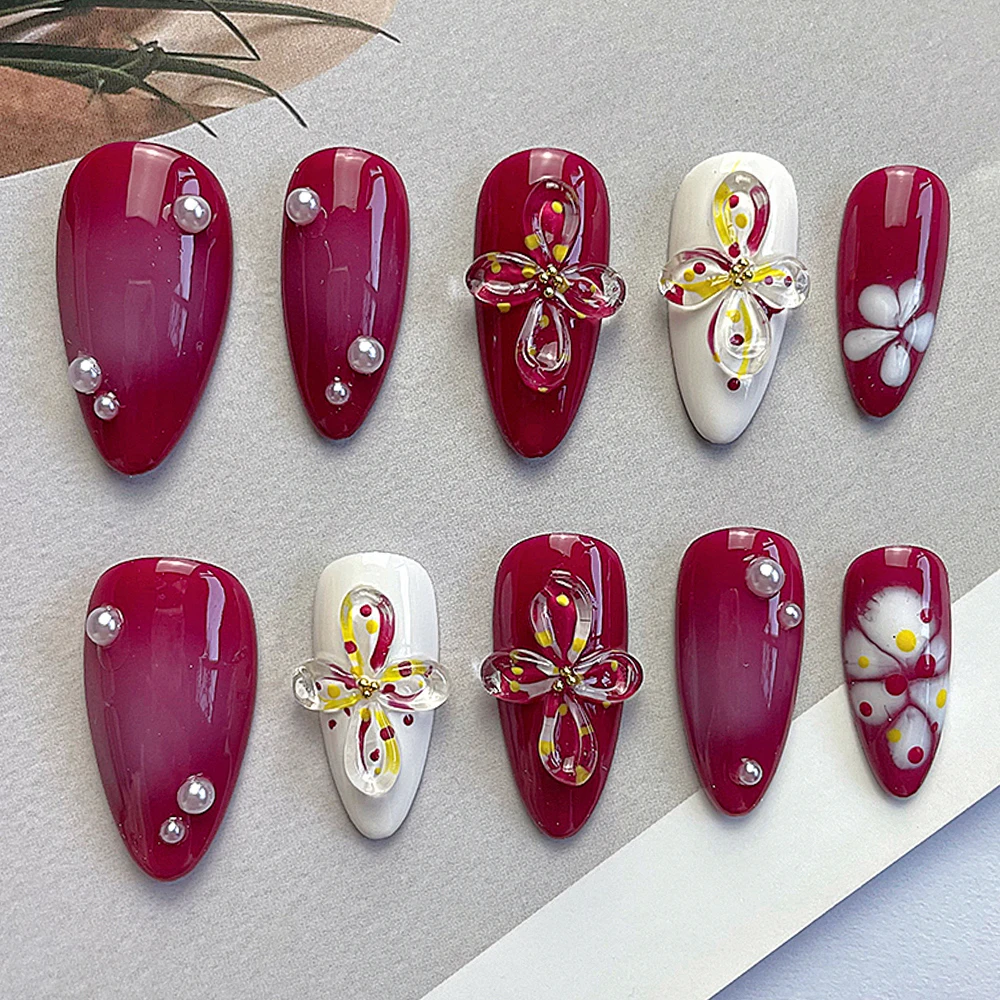 New Rose Red Color Artificial Full Cover Press On Nails 3D Flowers Pearl Almond Pattern Reusable Fake Nail Tips Ring Suit