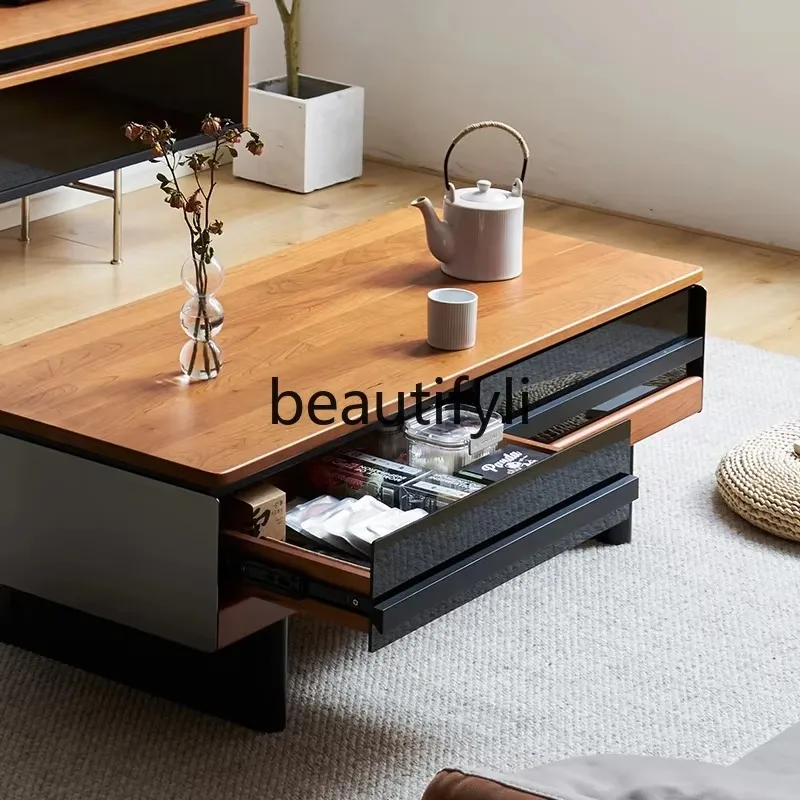 cn8617 ss Coffee Table Cherry Wood Solid Wood Rock Plate Display with Light Atmosphere Modern Black Rectangular