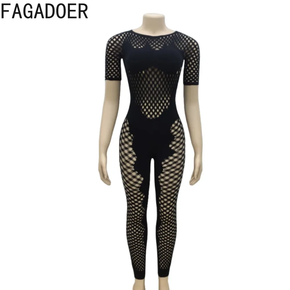 FAGADOER nero Sexy maglia maglia prospettiva Bodycon tute donna O collo manica corta Slim tutina femminile discoteca generale