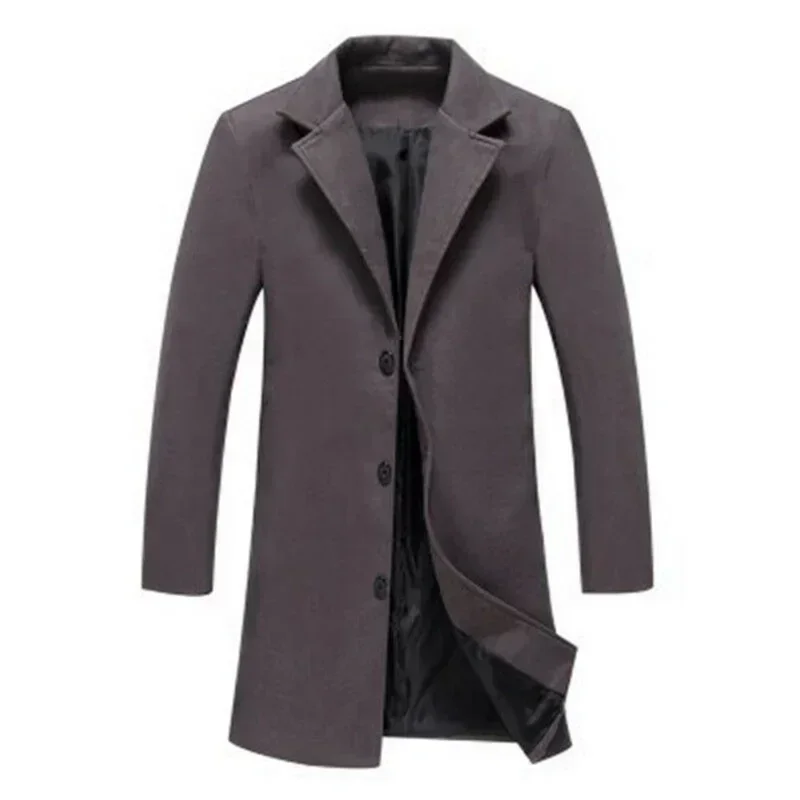 Single Breasted Lapel Long Coat Jacket Fashion Autumn Winter Casual Overcoat Plus Size Trench Men\'s Woolen Coats Solid Color