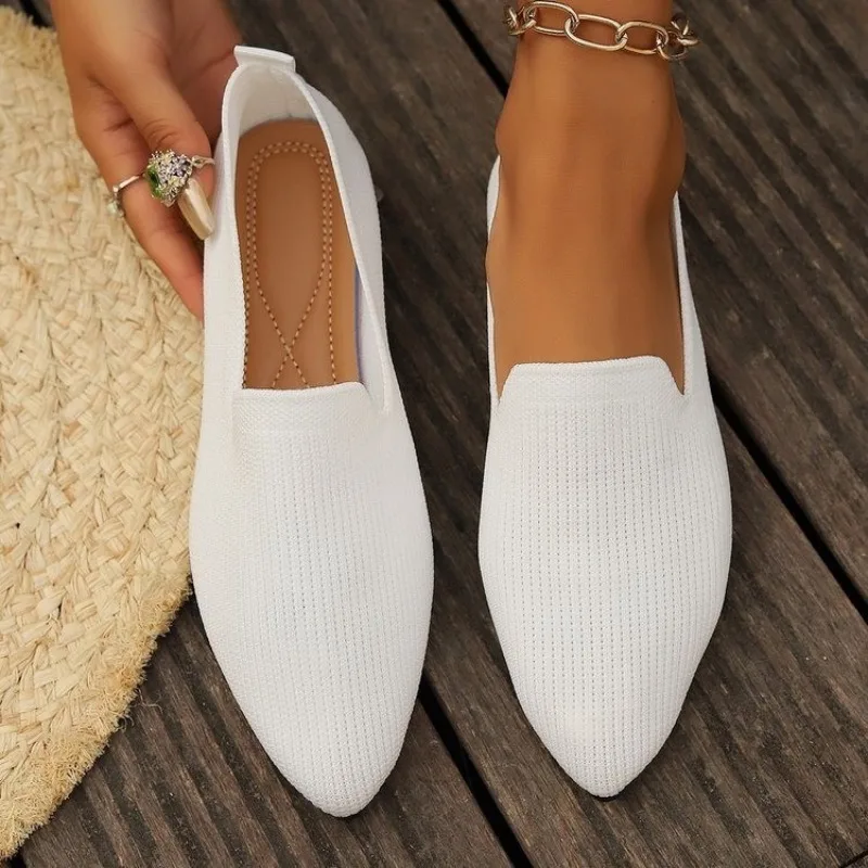 Women Solid Color Pointed Head Mesh Loafers Shallow Woman Flats Soft Bottom Knit Ballet Flats Shoes Casual Slip on Boat Shoes