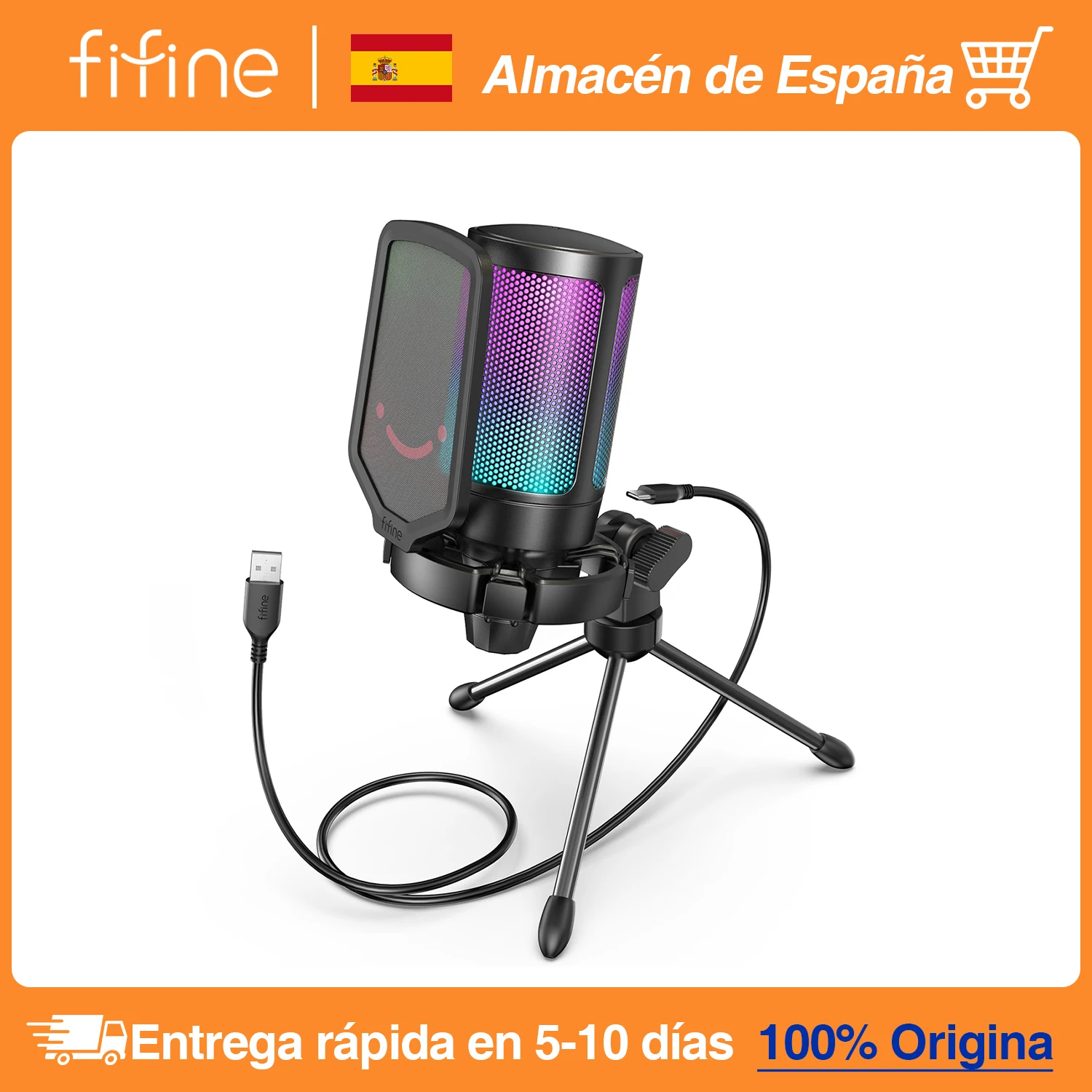 FIFINE Ampligame micrófono USB para transmisión de juegos con filtro Pop soporte de choque y Control de ganancia, micrófono condensador para PC/MAC