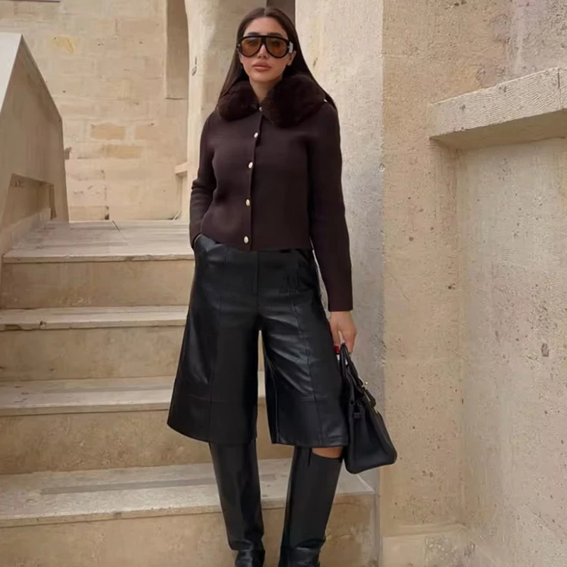 

Женский новый осенний свитер 2025, пальто, модный меховой воротник, элегантные теплые вязаные топы, женский свитер, тонкий осенний кардиган с длинными рукавами