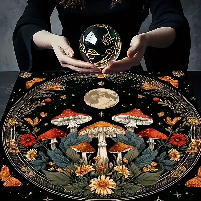 1pc Moonlit Mushroom Garden Tarot Tablecloth – Mystical Floral & Fungi Design for Witchcraft & Halloween Decor