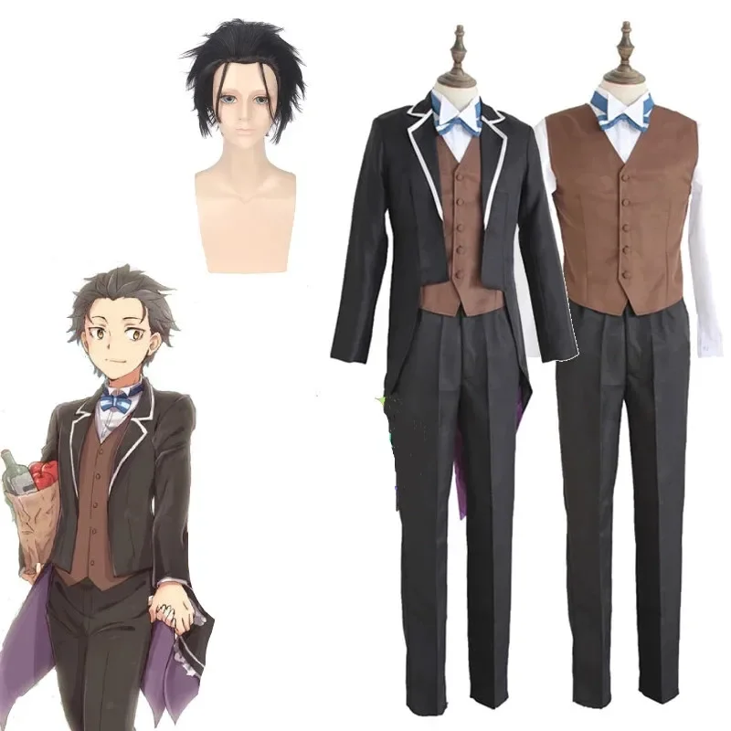 Re Zero kara Hajimeru Isekai Seikatsu Cosplay Costume Subaru Natsuki Hallowen Swallowtail Full Set Synthetic Wigs Waiter Uniform