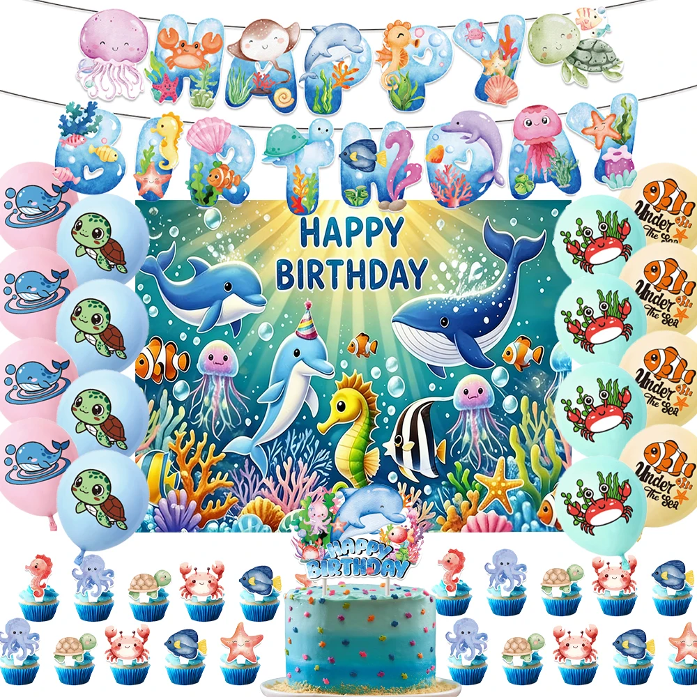 

Cartoon Underwater World Creatures Child Birthday Party Decorations Ocean Animal Balloon Turtles Dolphin Backdrop Cake Toppers