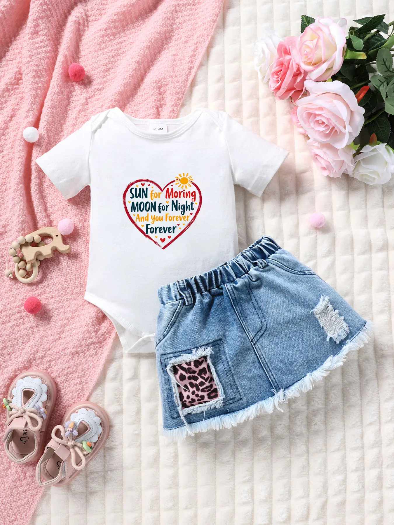 Summer Baby Girl Sun Moon Heart Print Romper with Leopard Print Hole Denim Skirt Set Infant Bottom Cover + Baby Girl Outfit
