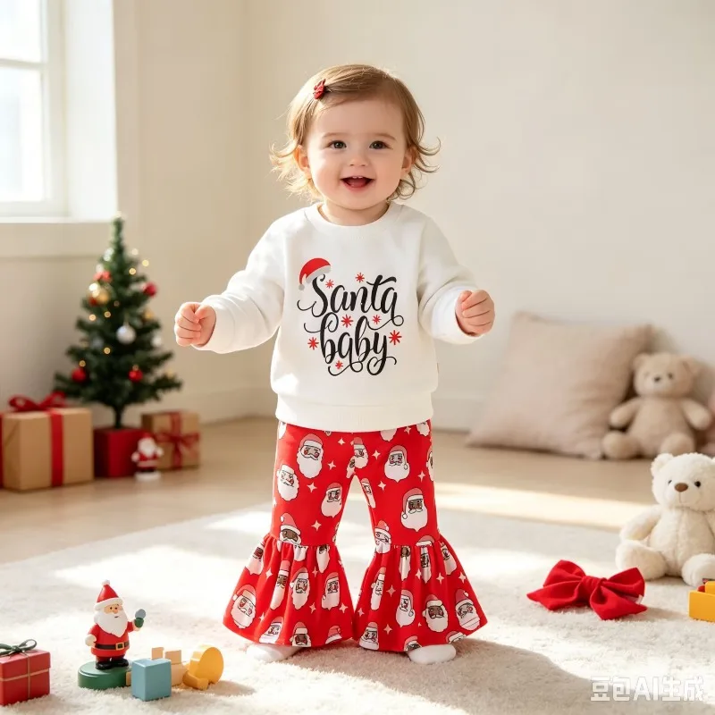 Toddler Baby Girls Christmas Romper Outfit White Sweatshirt Santa Baby Print Red Santa Claus Flare Pants Set 0 36M
