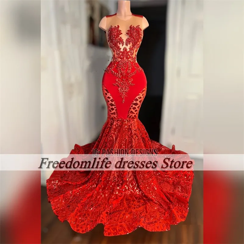 2025 Red Sequin Prom Dresses Women Luxury Rhinestone Crystal Mermaid Party Gowns Black Girls vestidos de gala Customized