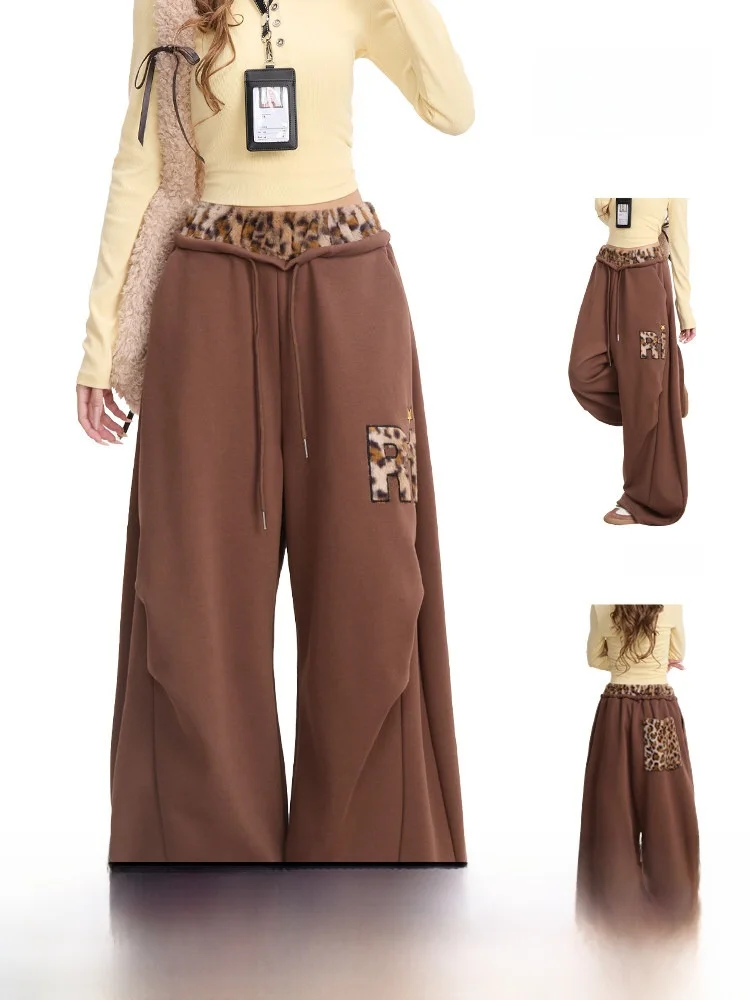 

NERESUM Leopard Print Patchwork Wide Leg Pants Women's Casual Sporty Trousers American Style Pleated Design High Street Slimming