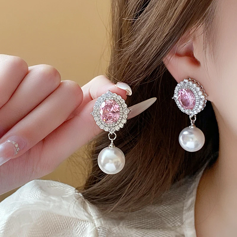 

Women Pink Zircon Earrings Korean Wedding Party Advanced Temperament Ear Rings Ladies French Crytal Pearl Earring Jewelry Ladies