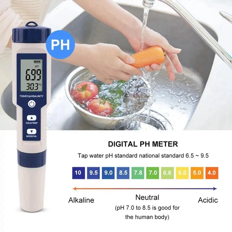 5 In 1 TDS/EC/PH/Salinity/Temperature Meter Digital Water Quality Monitor Tester For Pools, Drinking Water, Aquariums Durable