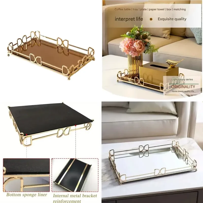 2026 Hot Sale European Design Gold Metal Mirror Storage Serving Tray for Home Decor Food Jewelry Living Room Furniture
