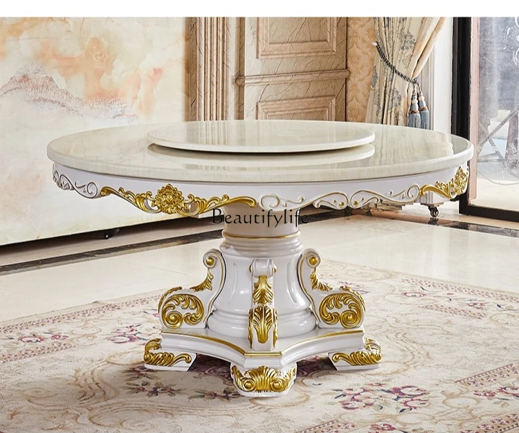 European dining table solid wood carving flower white round table marble with turntable