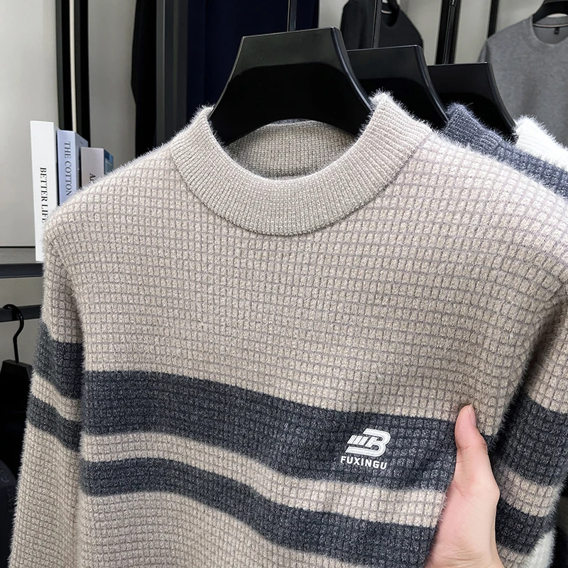 Men's Mink Fur Round Neck Striped Sweater with Thick Fleece for Warmth, Knitted Sweater for Winter Base
