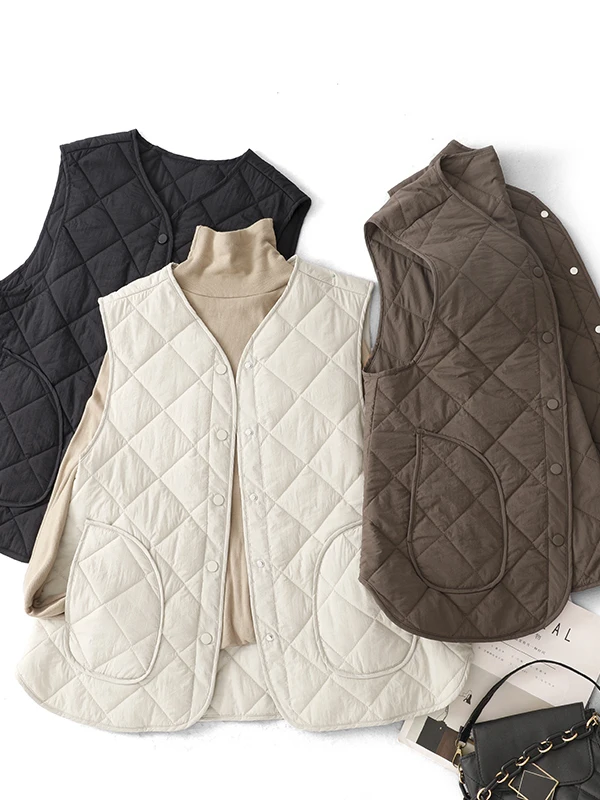 

Retro Diamond Pattern Cotton Vest Women's Winter Layering Lightweight Cotton Warm Svel oulder Pad Slimming Top