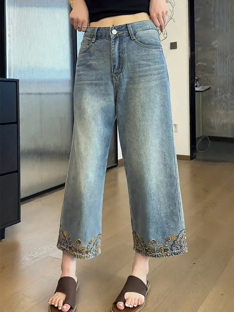 

Vintage Embroidery Casual Women Jeans High Waist Retro Loose Straight Female Denim Pants All Match Fashion Ladies Trousers New