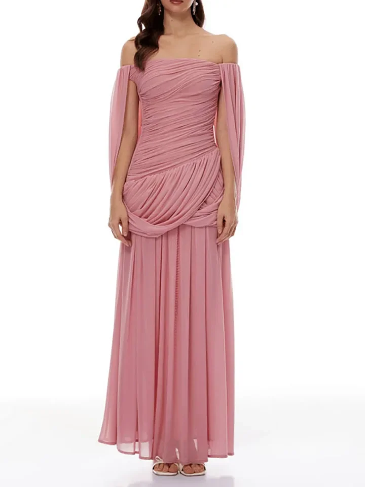 

Temperament Off Shoulder Pleated Chiffon Maxi Dress Elegant Lady Lantern Long Sleeve Banquet Dress Summer New Solid Hollow Dress