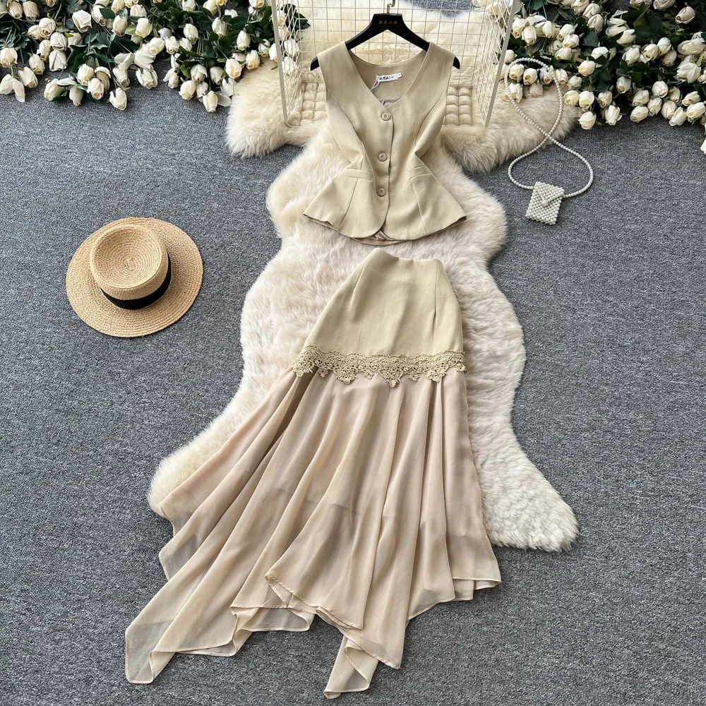 

Two Piece Sets Women Skirt Set V Neck Sleeveless Vest Tops Long Skirts A Line High Waist Lace Y2k Streetwear Elegant Work 2026