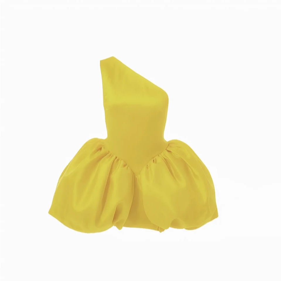 

Lemon Yellow One Shoulder Dresses Chic Sweet Short Prom Gown with Zipper Ruched Prom Gowns A Line Satin Above Knee Length