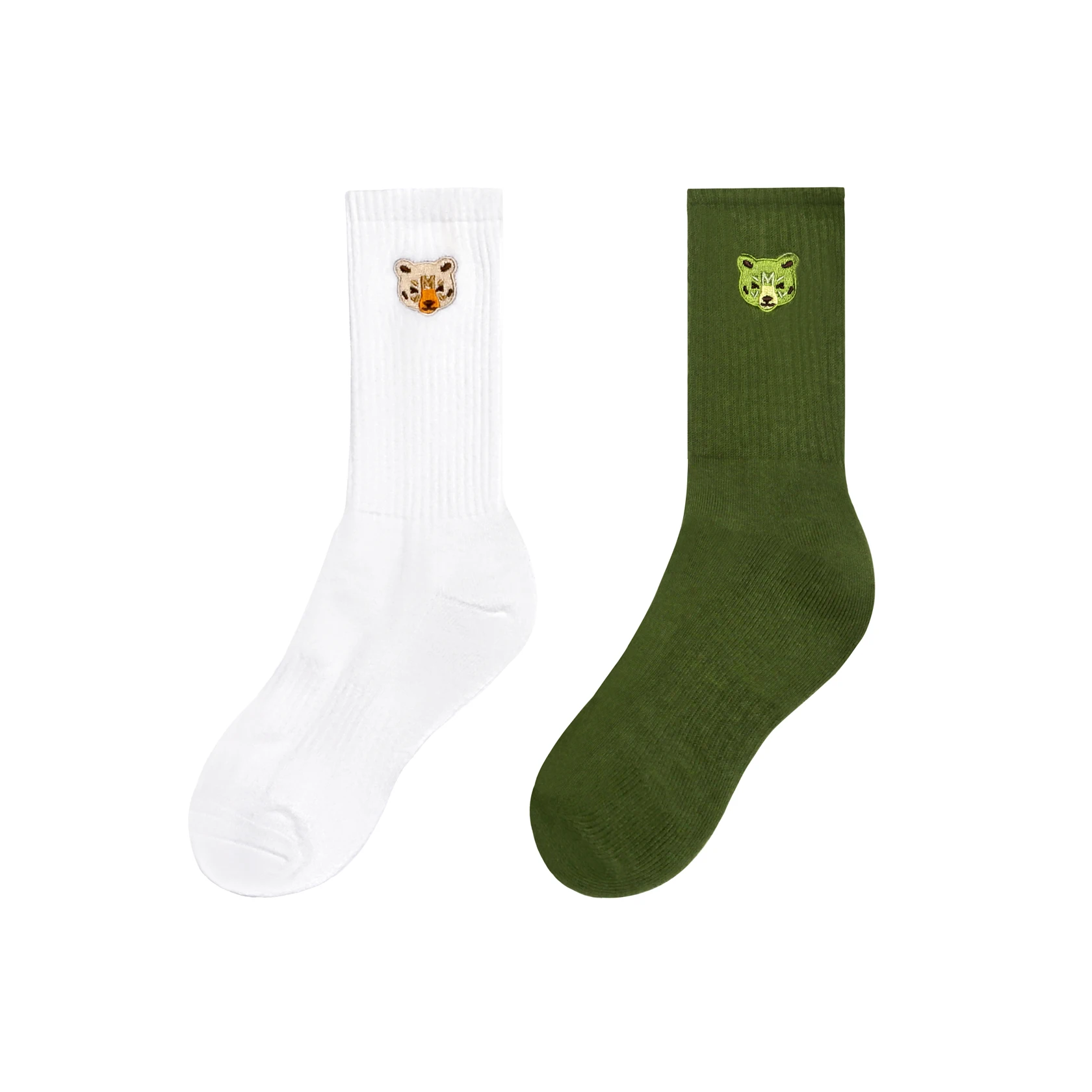 Top Quality One Pair Men Bear Head Embroidery Cotton Socks, High Quality Man Sporting WILDNESS Thick Socks, White/Army Green view 3