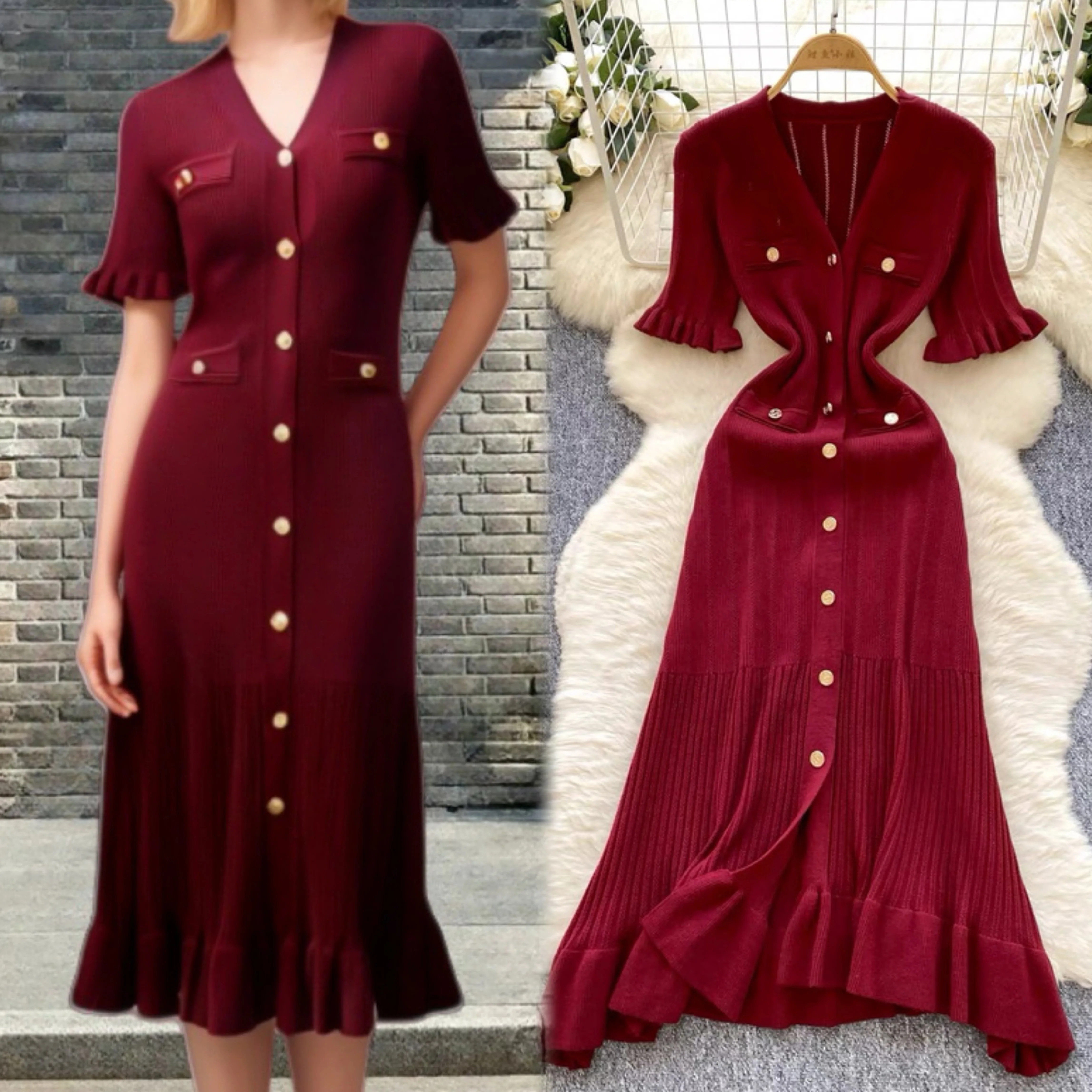 

YuooMuoo French Vintage Luxury Knitted Long Dress Women Spring Summer Elegant V-neck Ruffled Sweater Dress Lady Party Vestidos