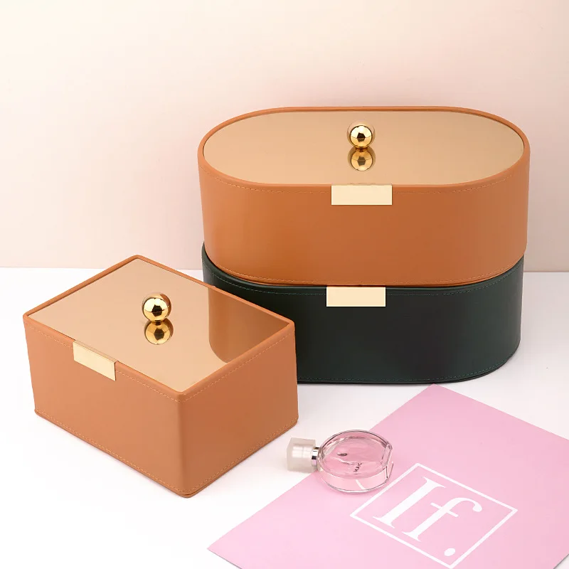 Leather storage box with lid, desk office storage basket, cosmetics organizer box, solid color storage box, table ornaments