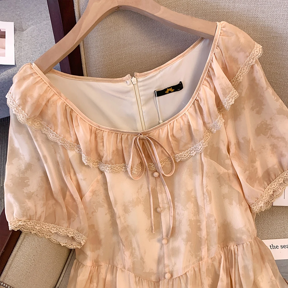 Vestido casual de verão feminino, tamanho grande, tecido chiffon, decoração de renda, solto, confortável, saia estilo feminino, gola redonda, novo, 2024