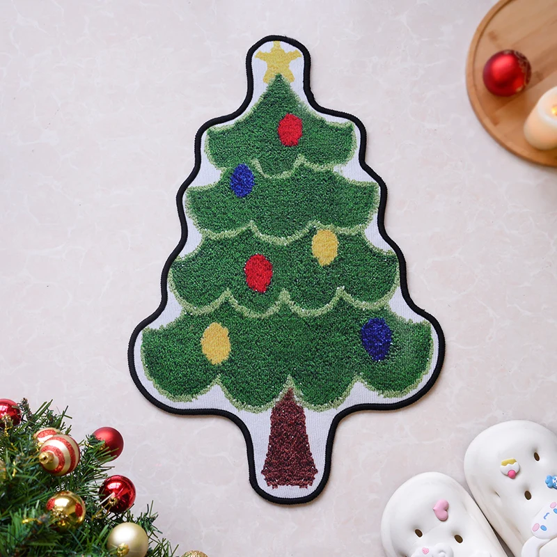 1PC 40x60CM Cute Christmas Tree Shaped Plush Floor Mat Soft Non-Slip Mat Home Entrance Bathroom Living Room Christmas Decoration