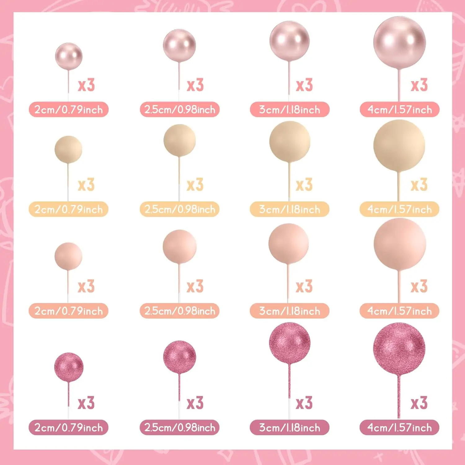 48pcs Pink Cake Decor Balls Cake Topper for Birthday Party Wedding Cake Decor(Glitter Pink, Rose Gold, Light Brown, Light Nude)