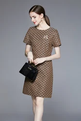 Runway Letter Jacquard Mini Party Dresses for Women Summer 2023 Fashion Runway Short Sleeve High Street Prom Robe N6737