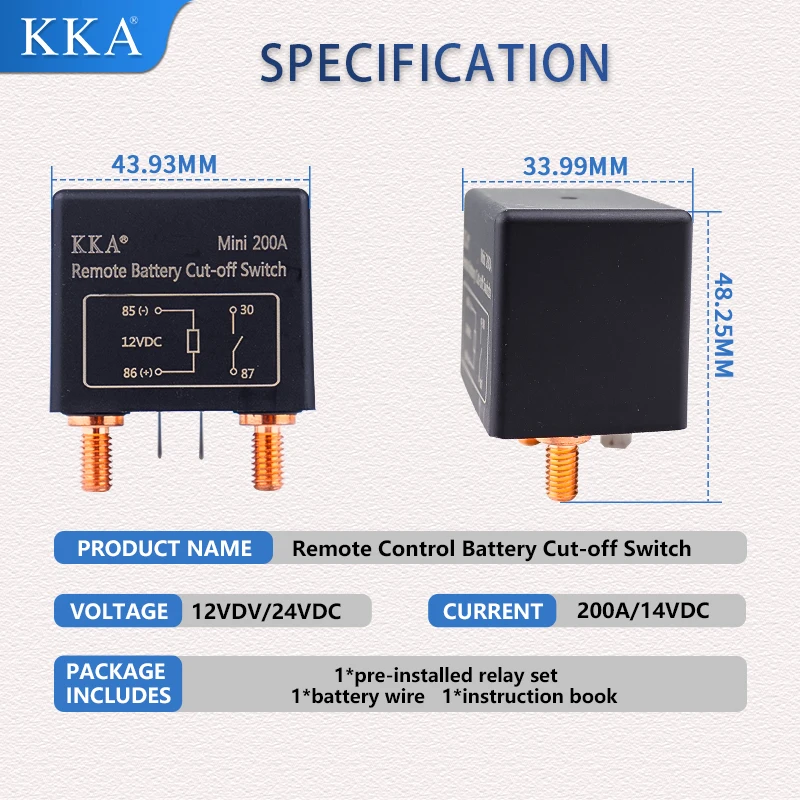 KKA Remote Battery Disconnect Switch 12/24V 200A Car Kill Switch Anti-Theft Remote Control Switch 2 key for Auto Truck Boat