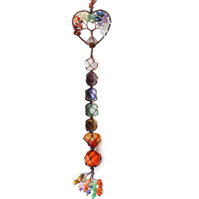 Natural Stone Tree Of Life 7 Colored Stone Car Hanging Handwoven Crystal Power Stone Chakra Indoor Decorative Ornament