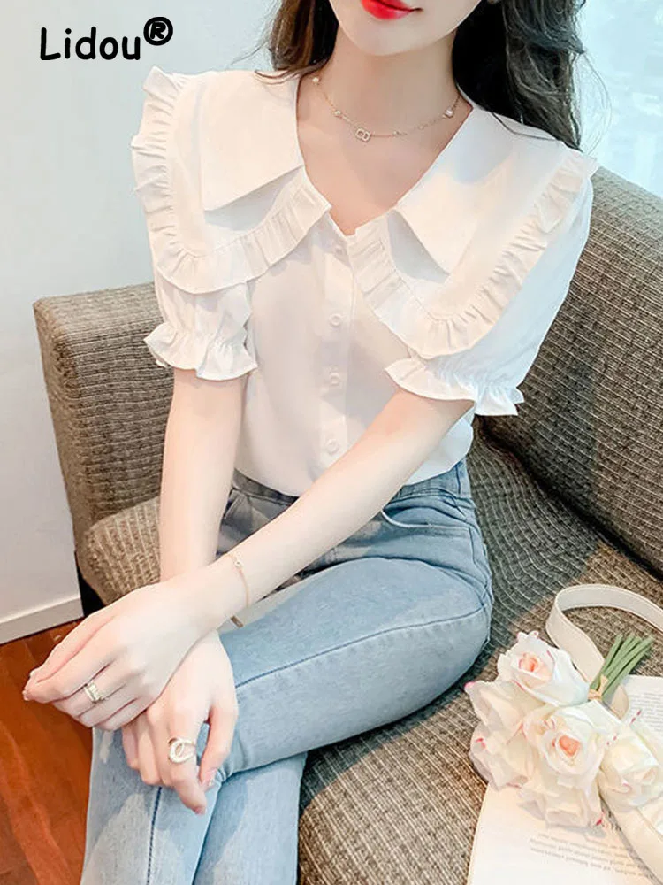 Elegant Fashion New Petal Sleeve Solid Color Single Breasted Blouses 2022 Summer Peter Pan Collar Chic Top office lady Shirt Hot