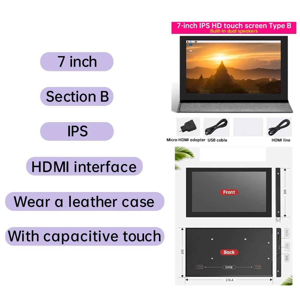 7 inch IPS HD 1024*600 LCD Display Raspberry Pi 3B 4B 5B HDMI VGA AV DC Interface with Capacitive Touch Chassis Secondary Screen