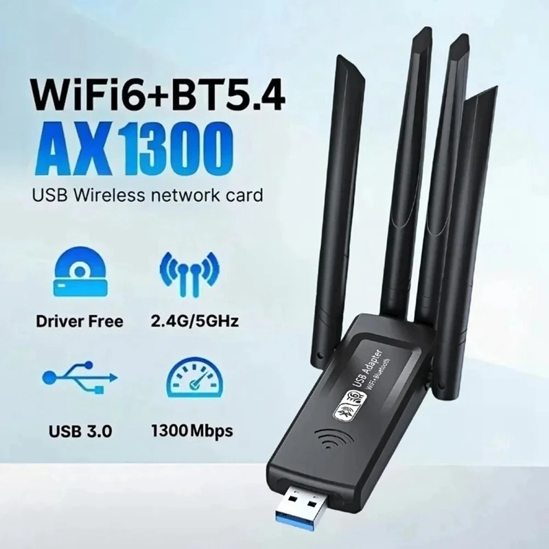 1300Mbps WiFi Network Card 2.4G/5Ghz WiFi6 Bluetooth 5.4 Dongle AX1300 USB 4 Antenna Wireless Receiver for PC Laptop