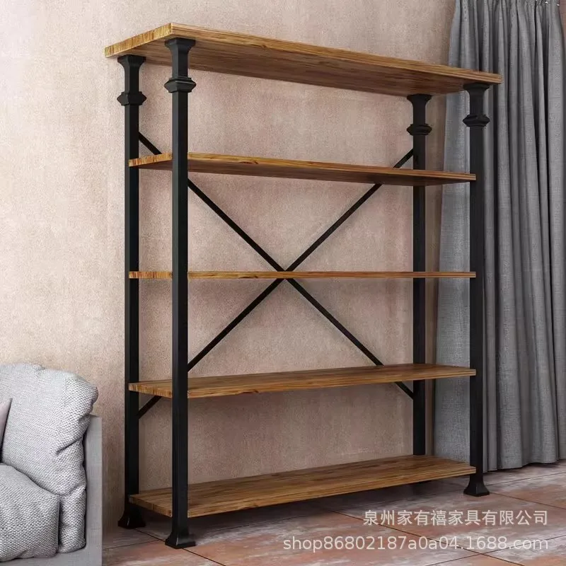 Industrial style storage Solid wood bookshelf Retro wrought iron shelf Home floor bookcase Multi-layer display rack Display rack