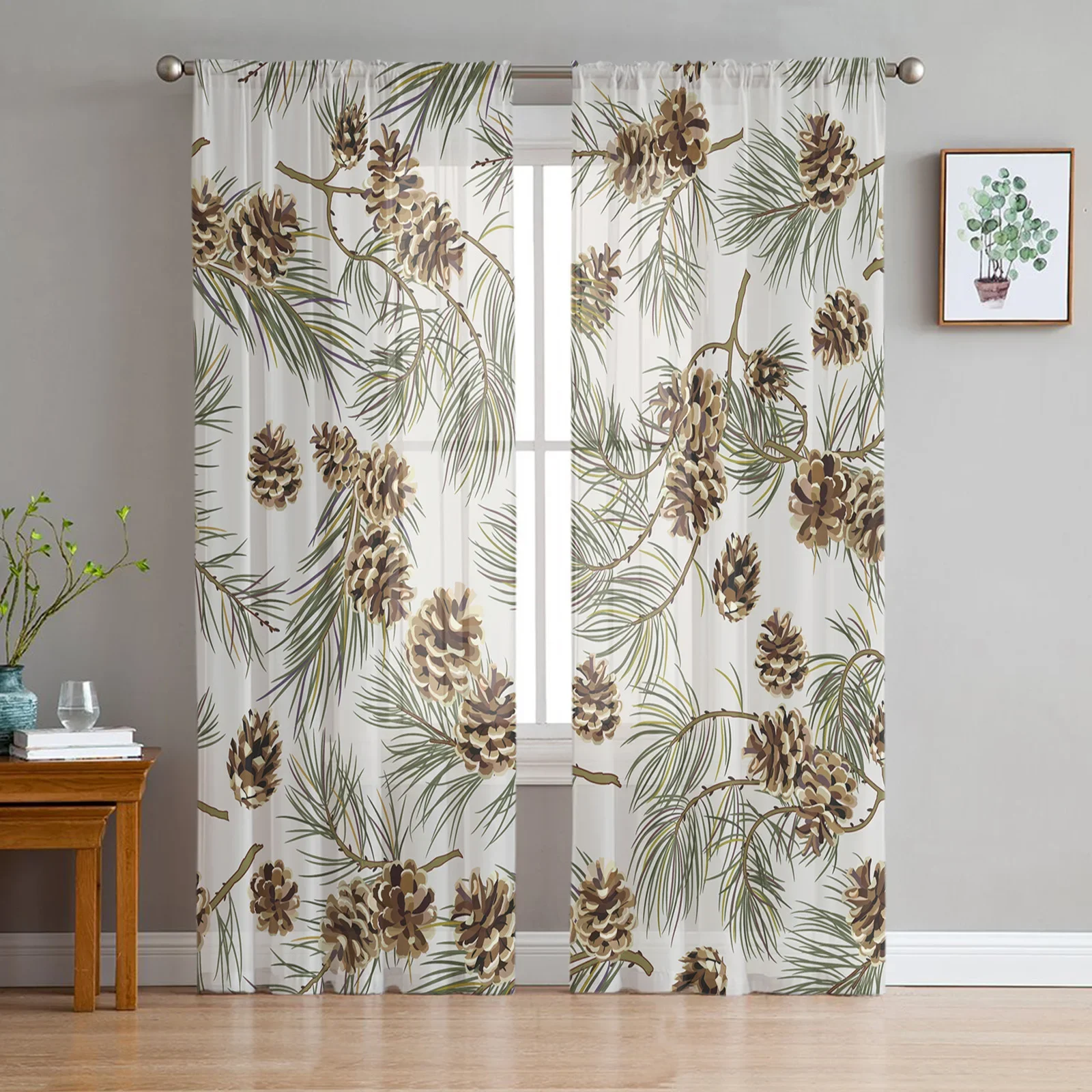 

Pine Cones Leaves Tulle Curtains for Bedroom Home Decor Voile Window Curtains Living Room Hotel Printing Drapes