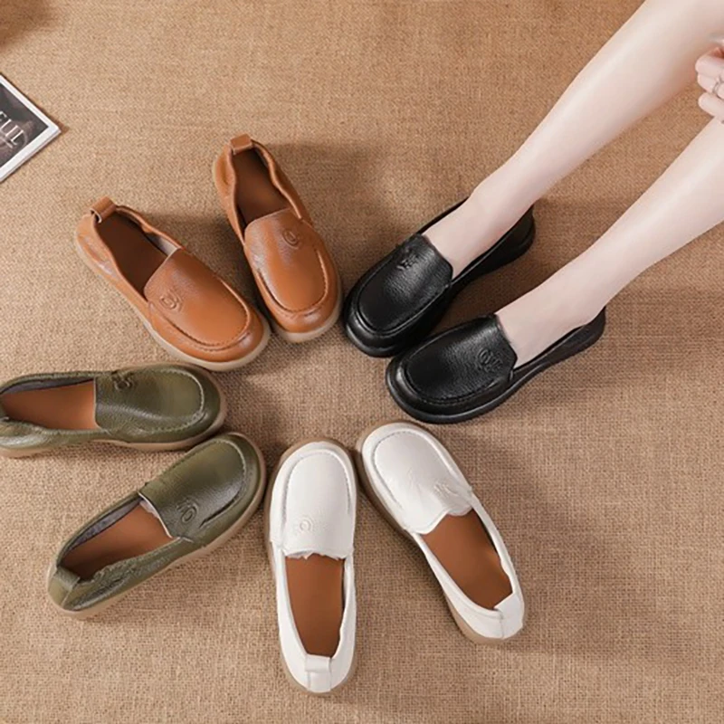 

Round Toe Genuine Leather Flat Heel Casual Women Shoes Solid Color Mother Shoes Non-Slip Wear-Resistant Soft Sole Soft shoes