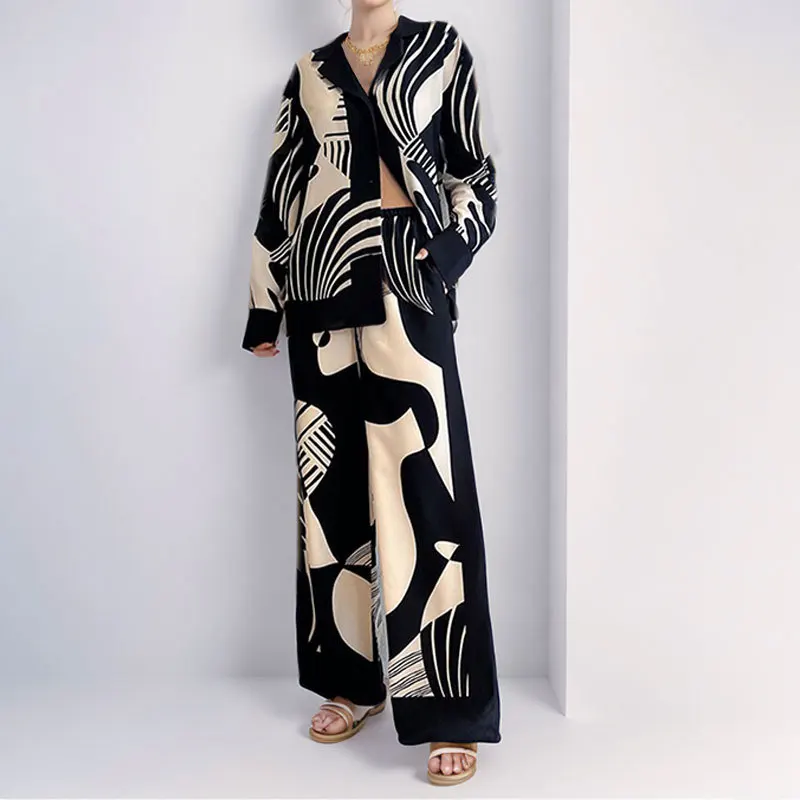 2024 Women\'s New Autumn Trendy Fashion Print Set Southeast Asian Style Long Cardigan Straight Leg Pants Two-Piece Set