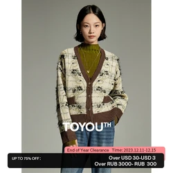 Toyouth Women Knit Cardigan 2023 Winter Long Sleeve V Neck Loose Sweater Contrasting Jacquard Retro Elegant Outwear Tops