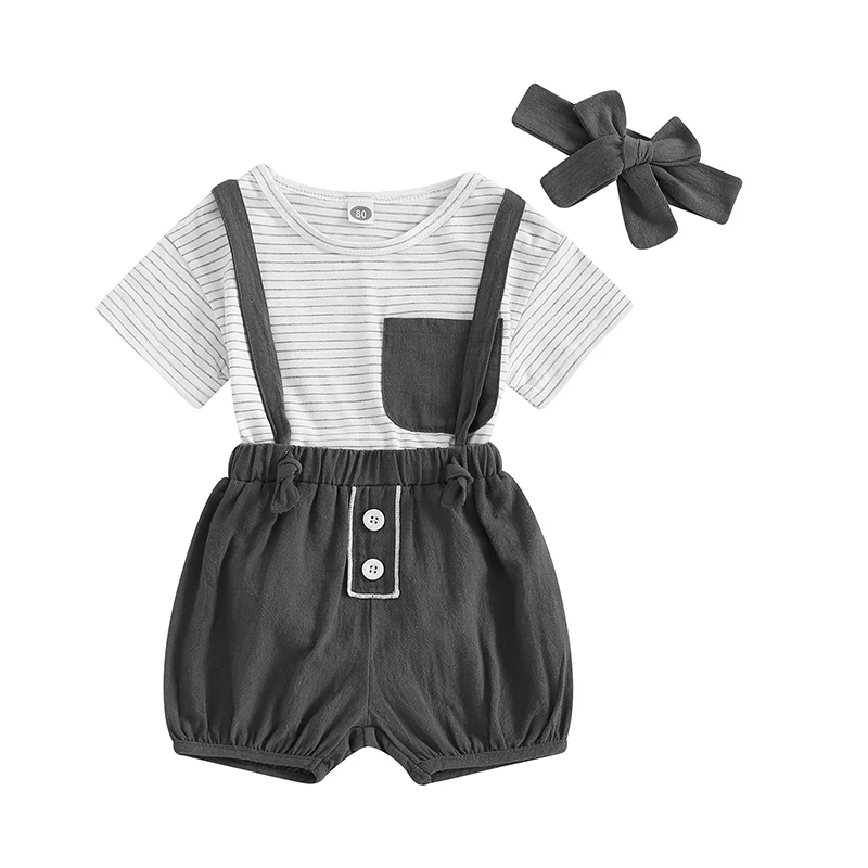 

3-Piece Baby Boys Set Striped Print Short Sleeve Round Neck Pocket Romper Overalls Shorts Headpiece Outfits